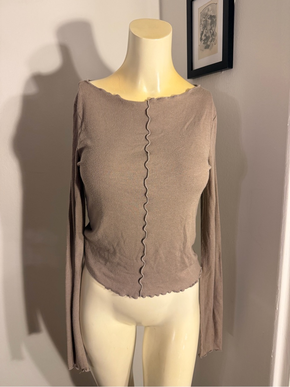 Abercrombie & Fitch Soft A&F Collection Ribbed Long Sleeve Top M Taupe Brown